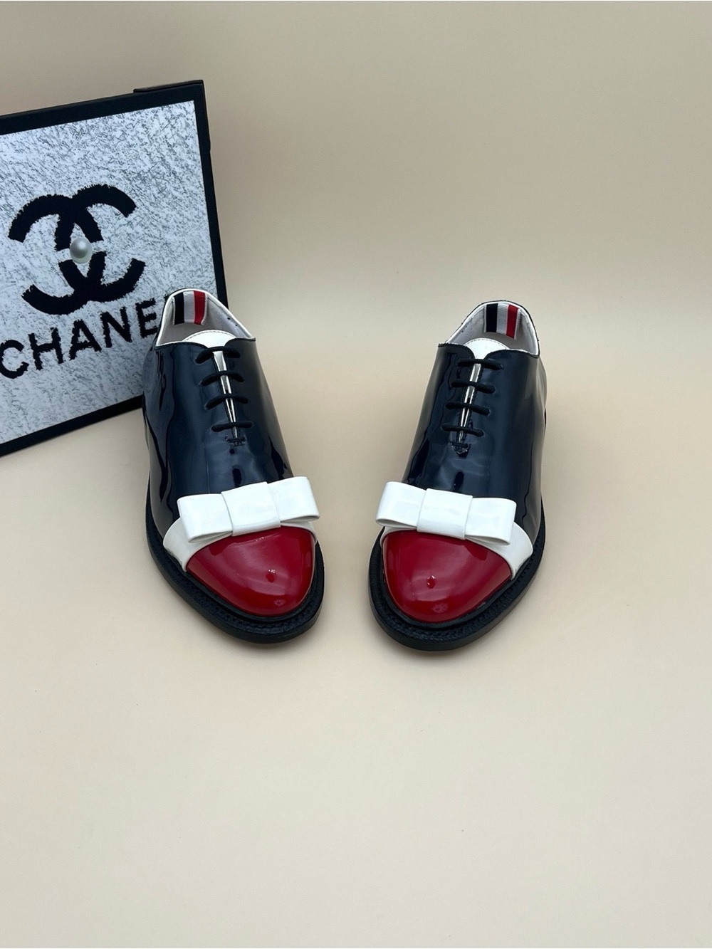 Thom Browne Tricolor Patent Leather Derby — Navy, White & Red - Picture 2 of 6